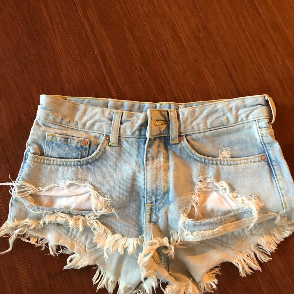 H&M premium denim destroyed jean shorts light wash
